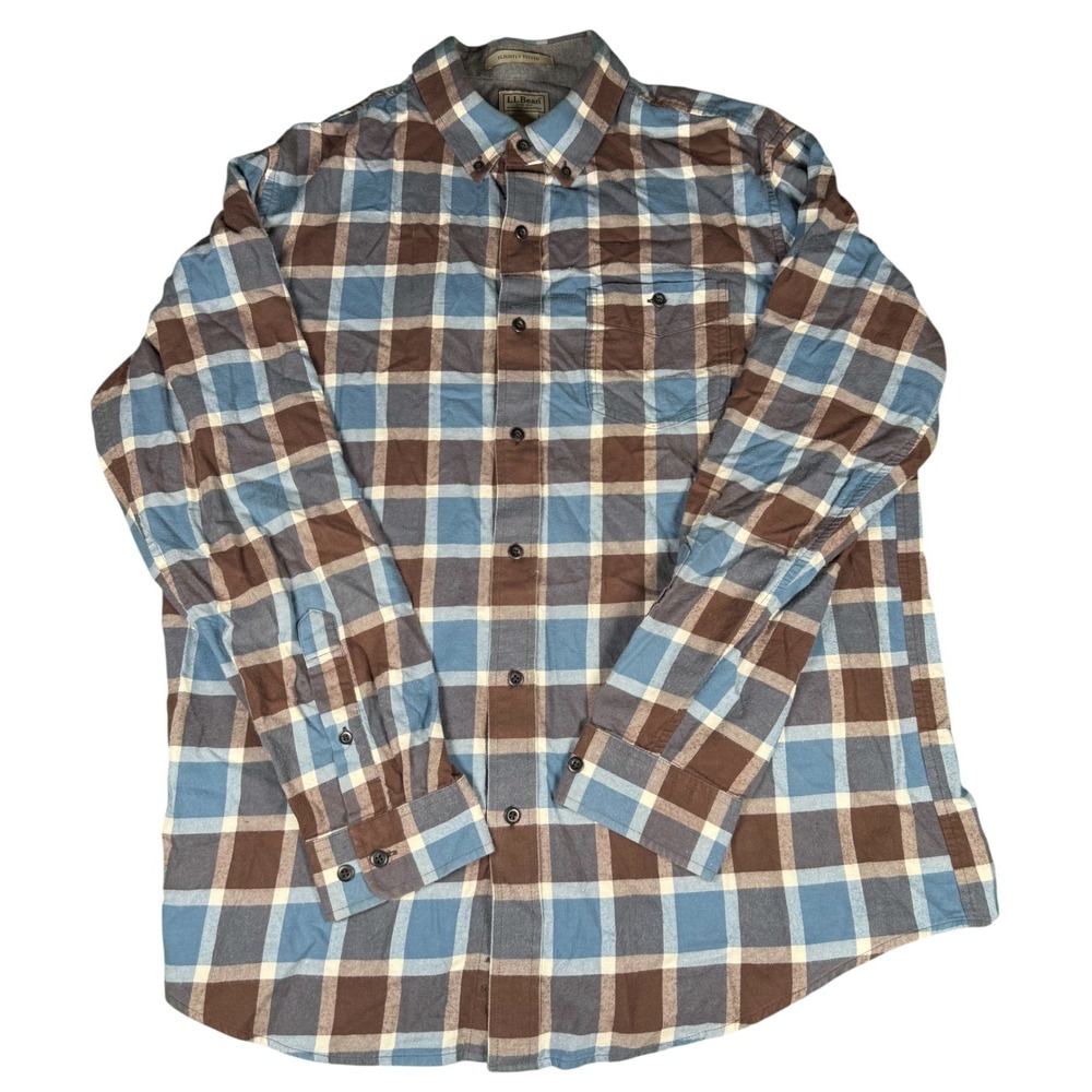 L.L.Bean Men's Large Flannel Button Down Shirt Blue Brown Plaid Long Sleeve - Picture 2 of 6